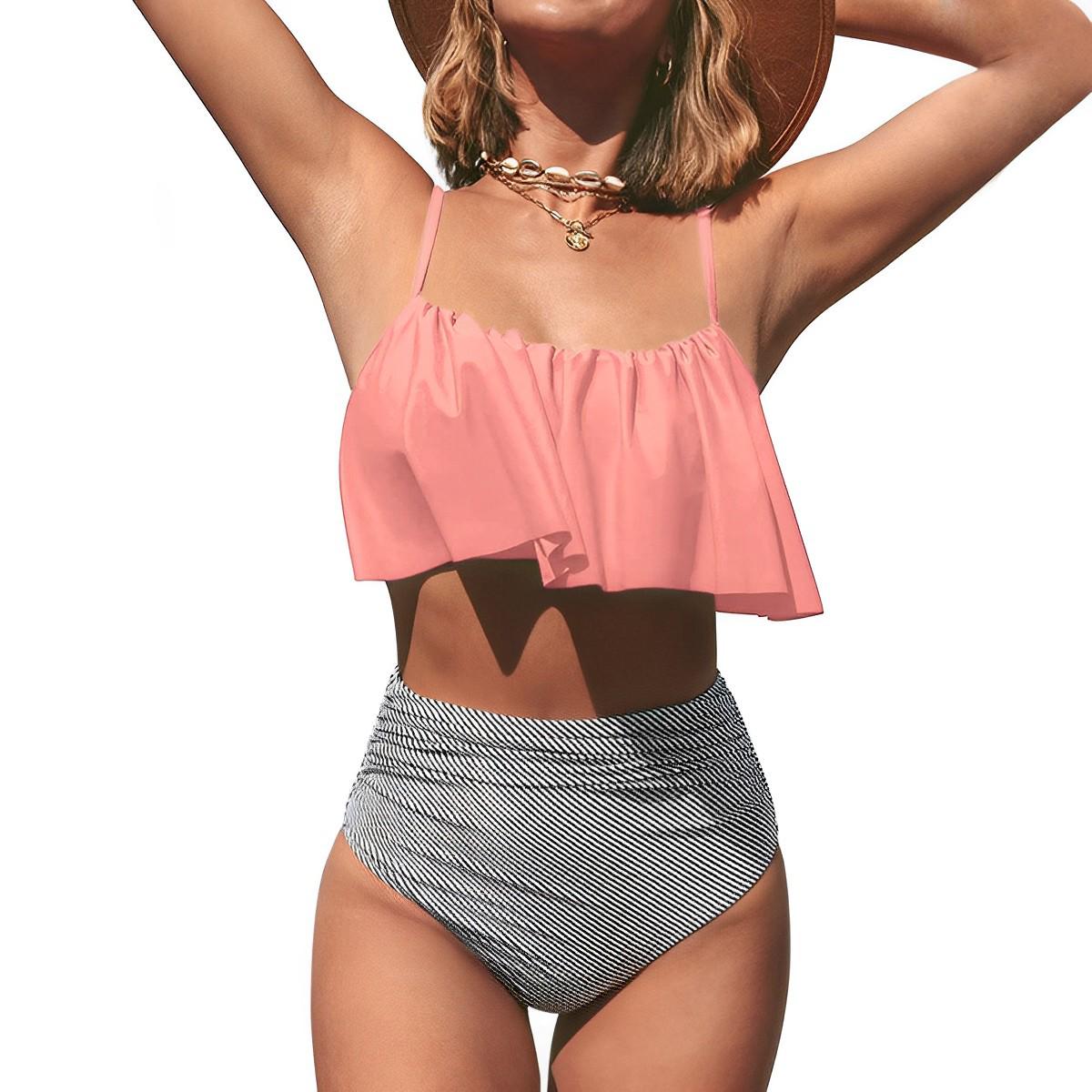 

Однотонное полосатое бикини с оборками и высокой талией Medium розовый