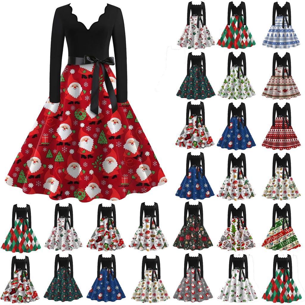 Ladies Casual Fashion Christmas Print V-Collar  Vintage Dress