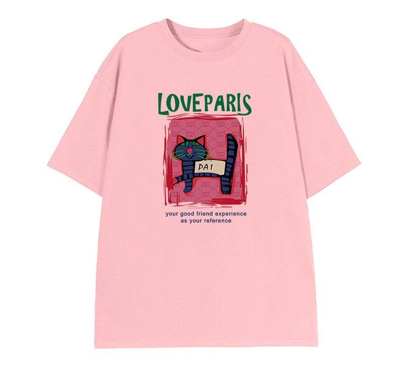 

Large size fat mm short-sleeved T-shirt women s summer new American trendy brand ins retro half-sleeved loose cartoon cat top 3XL рожевий