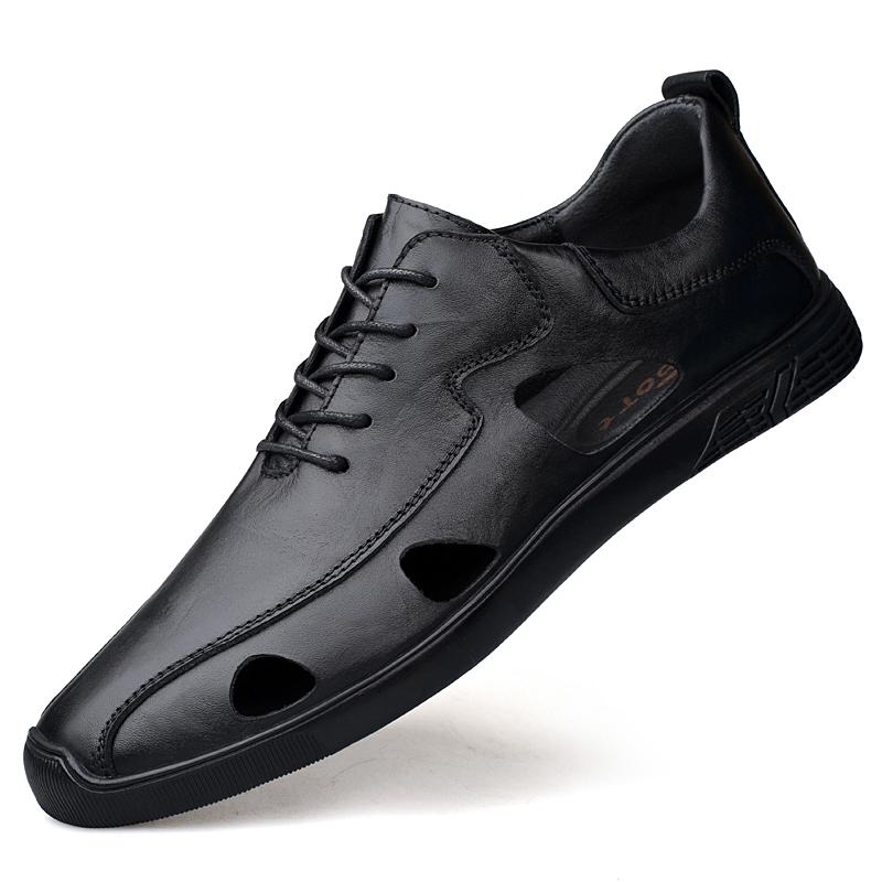 2024 Summer Men's Sandals Genuine Leather Hollowed Out Soft Bottom Breathable Casual Shoes Lightweight Comfy Flat Designer Shoes