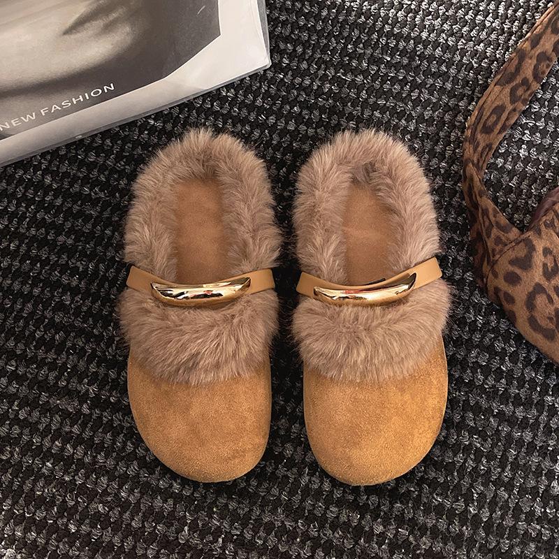 French temperament evening breeze flat heel cotton drag girl velvet 2025 autumn and winter new fairy fluff outside wearing Mary Jane slippers