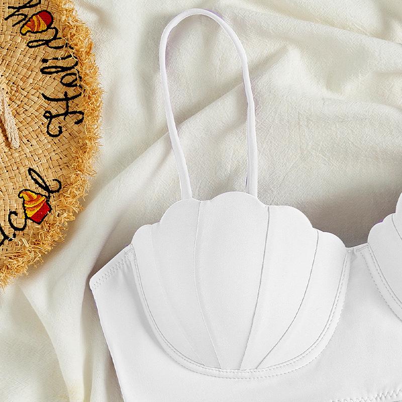 Women's Fashion Sexy Bikini Swimsuit Gathered Padded Push Up Top Solid Swimwear Halter Lace Up Back Bathing Suit Top