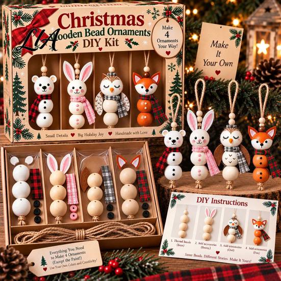 Wooden Bead Craft Kit Christmas Ornament DIY Kit, Make 4 Beaded Pendants, Wood Kits for Holidays Handmade Holiday Hanging Decorations Tree Mantel