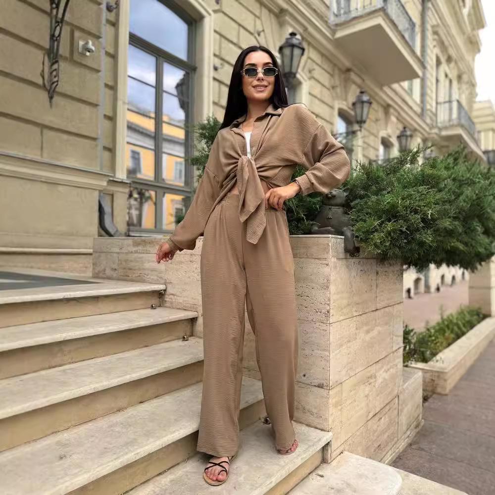 2024 European & American Style Autumn Solid Color Lapel Long Sleeve Shirt & Casual Pants Two-Piece Set