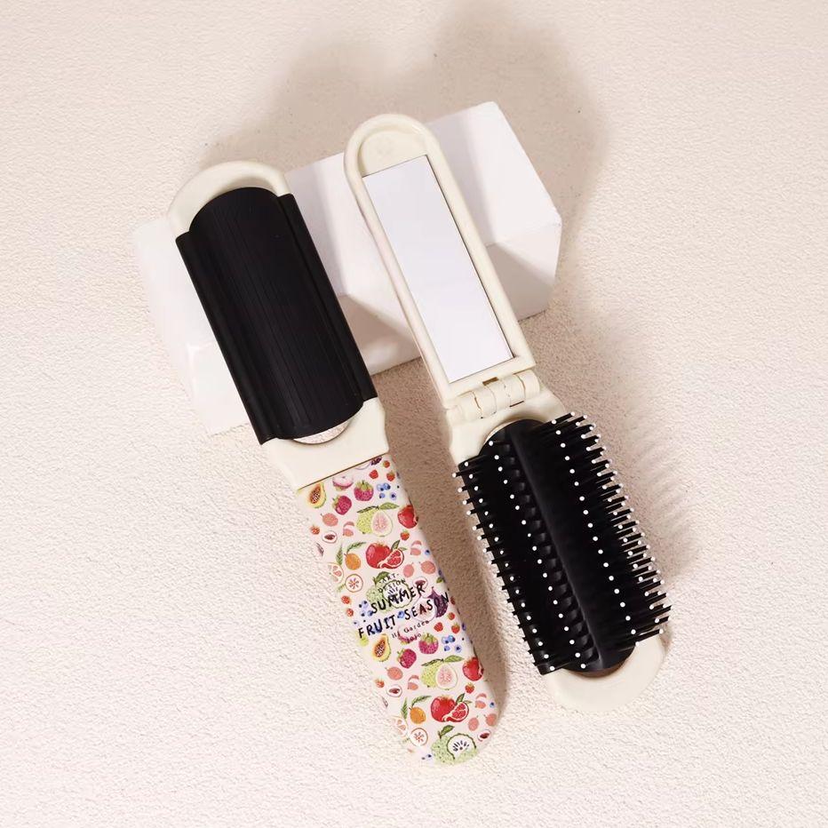 A Portable Folding Mirror Comb with Various Fruit Pattern Designs, Nylon Brush Air Cushion comb,Special for Real Hair Wigs