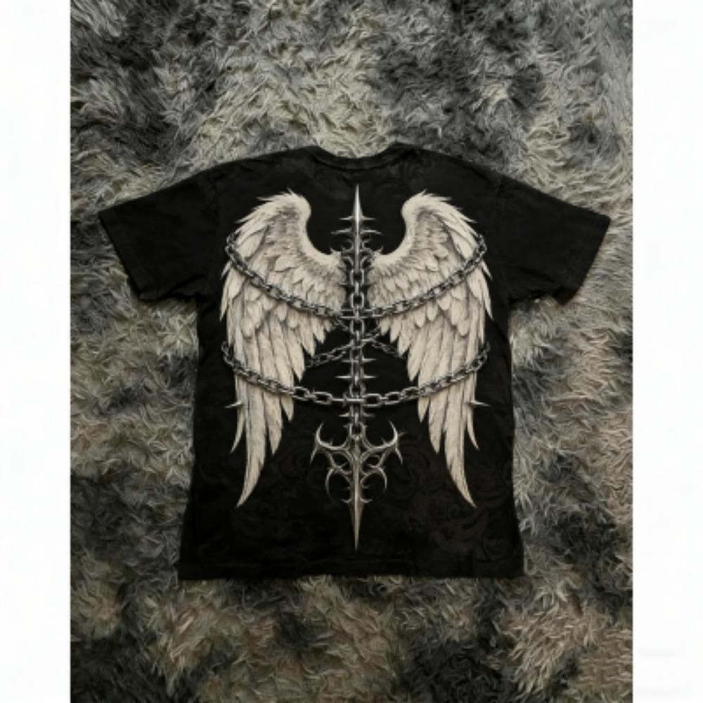Fashion Summer Kids T-shirt Gothic Vintage Cross Wing Print Tees Round Neck T-shirt Outdoor Street Style Top Casual Boy and Girl's Clothing