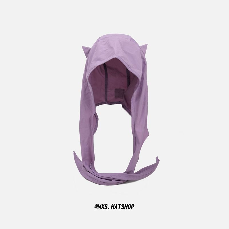 Little Devil Lace-up Pullover Hat Solid Color Y2K Shawl Hat Quick-drying Funny Ear protection Scarf Cap Summer