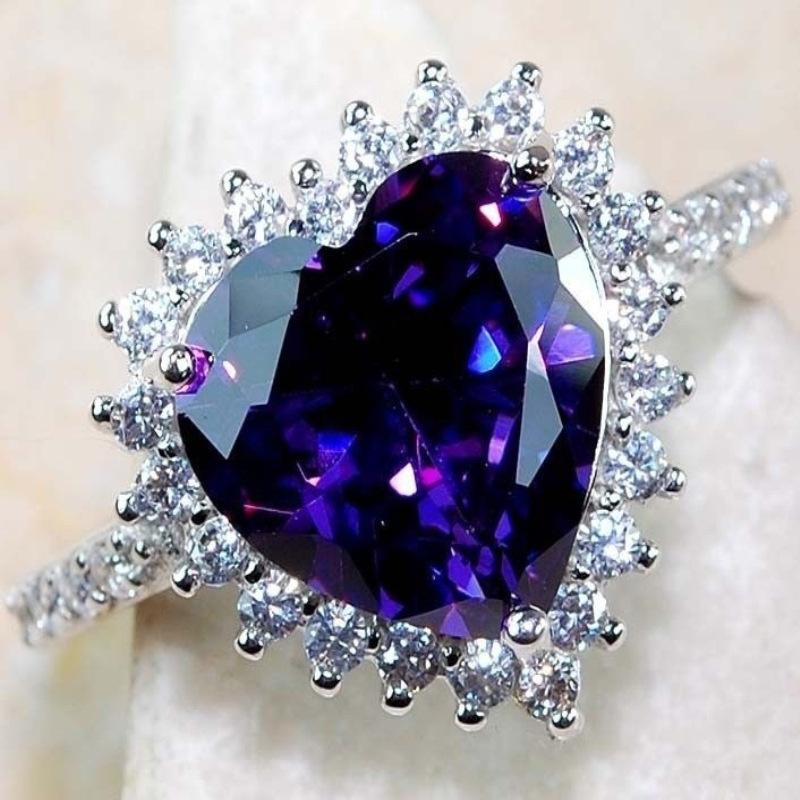 Classic Sweet Romantic Heart Purple Crystal Rings ForWomen Engagement Wedding Ring For Accessories Size 6-10