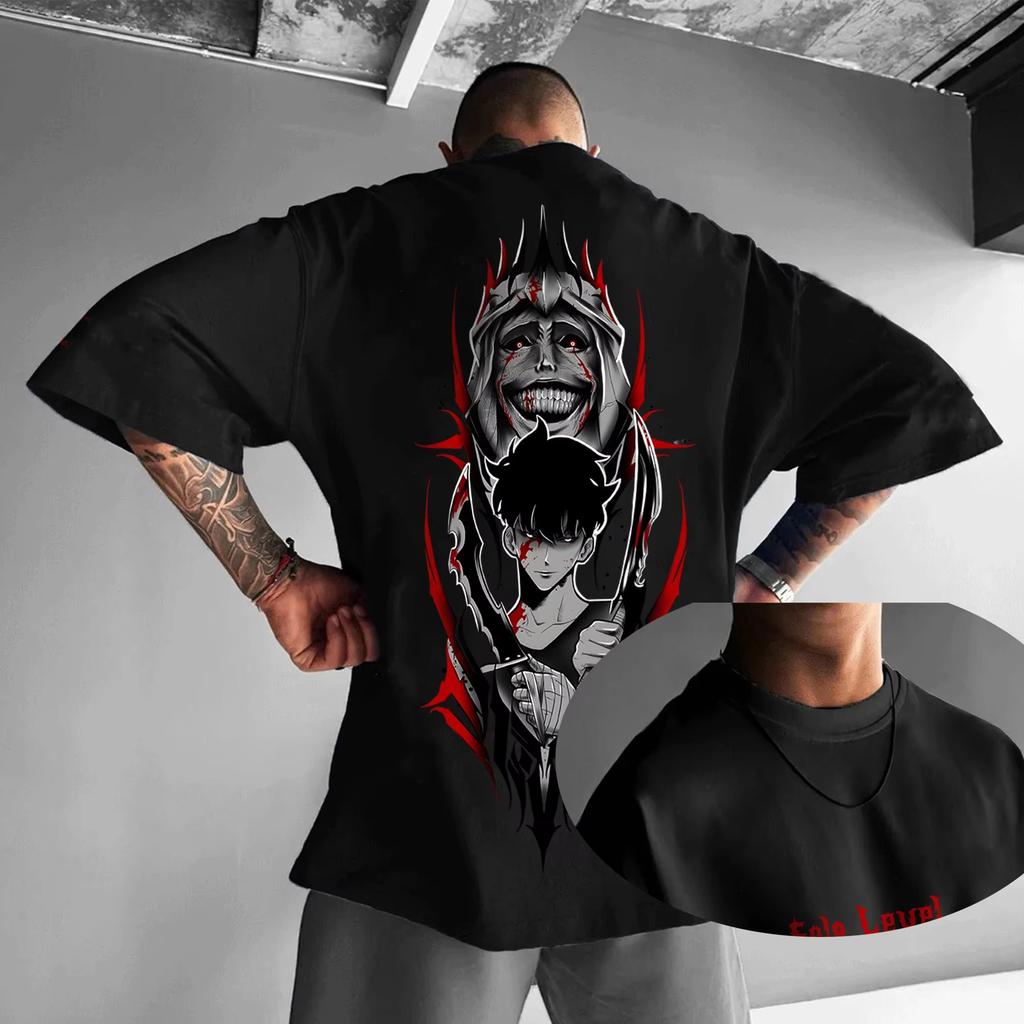 New Japanese Anime Solo Upgrade Cool Cartoon Pattern T-shirt Round Neck Vacation Short Sleeved Loose Streetwear T-shirt Men Top