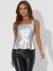 Allegra K Slim Fit Cami PU Faux Leather with Metallic Shine and Size S Women's Top, Buttons, Silver,
