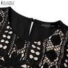 ZANZEA Women Casual Round Neck Short Sleeve Lace Ctochet Patchwork Dress