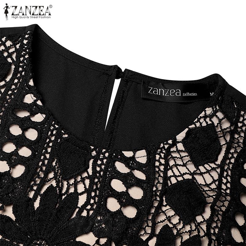 ZANZEA Women Casual Round Neck Short Sleeve Lace Ctochet Patchwork Dress