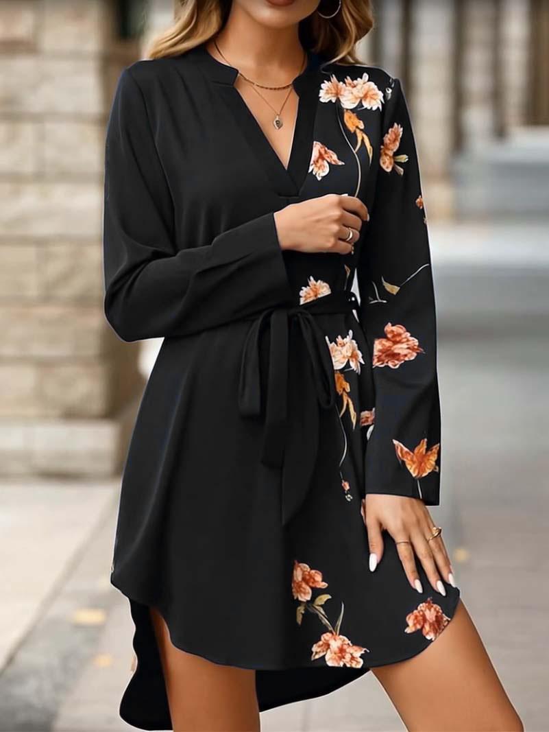 European Long Sleeve V-Neck Floral Patchwork Slim-Fit Retro Holiday Dress Double Extra Large чёрный