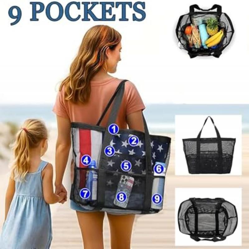 FaJoek Große Netz-Strandtasche Faltbare Strandtasche für Damen, Sandspielzeug-Netzbeutel Tragbarer Netz-Strandspielzeug-Träger