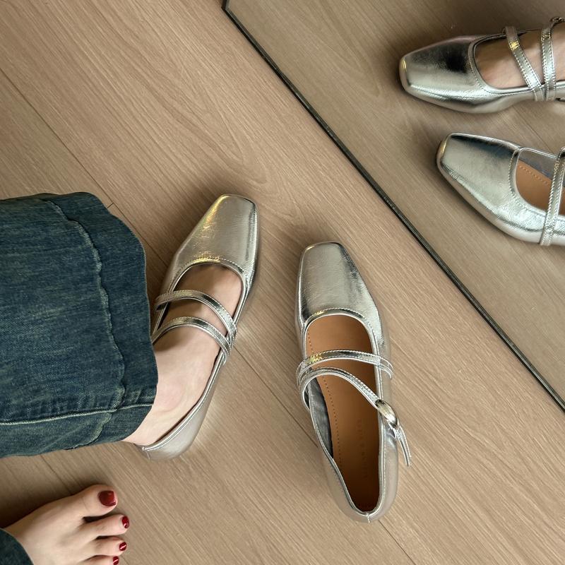 New Low Heel Silvery Women Mary Jane Shoes Fashion Shallow Soft Leather Shoes Ladies Concise Outdoor Pumps