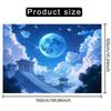 2D Mystical East Asian Background Cloth, Magical Blue Moon Over Ancient Pavilion Wall Decor