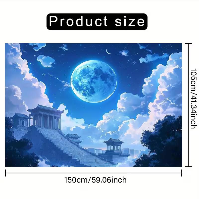 2D Mystical East Asian Background Cloth, Magical Blue Moon Over Ancient Pavilion Wall Decor