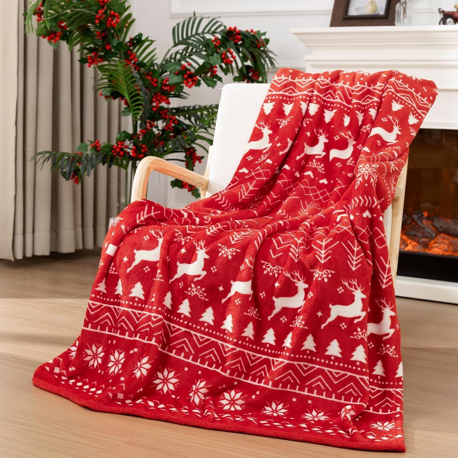 

1PC Throw Christmas Red Stripe Flannel Blanket Reindeer Xmas Holiday Throw Soft Light Holiday Decor Blankets Throws Pefect Gifts 75cmx90cm
