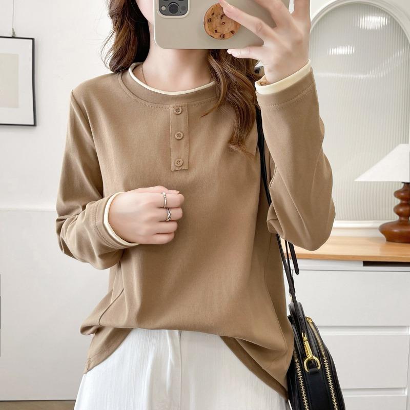 Women S Plus Size Long Sleeve Fake Two Piece Pullover Top Casual Slimming Base Shirt