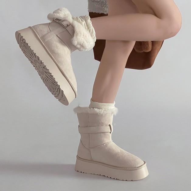 Retro Style Belt Buckle Flat-bottomed Snow Boots Women's Winter Fashion Korean Version Simple Suede Velvet Outer Wear Warm Cotton Shoes