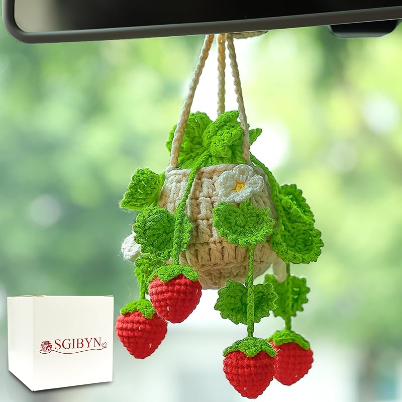 Crochet Hanging Plant for Car,Car Decorations Interior,Plant Strawberry Aesthetic Car Accessories for Women Interior Cute,Car Ornaments Charms for