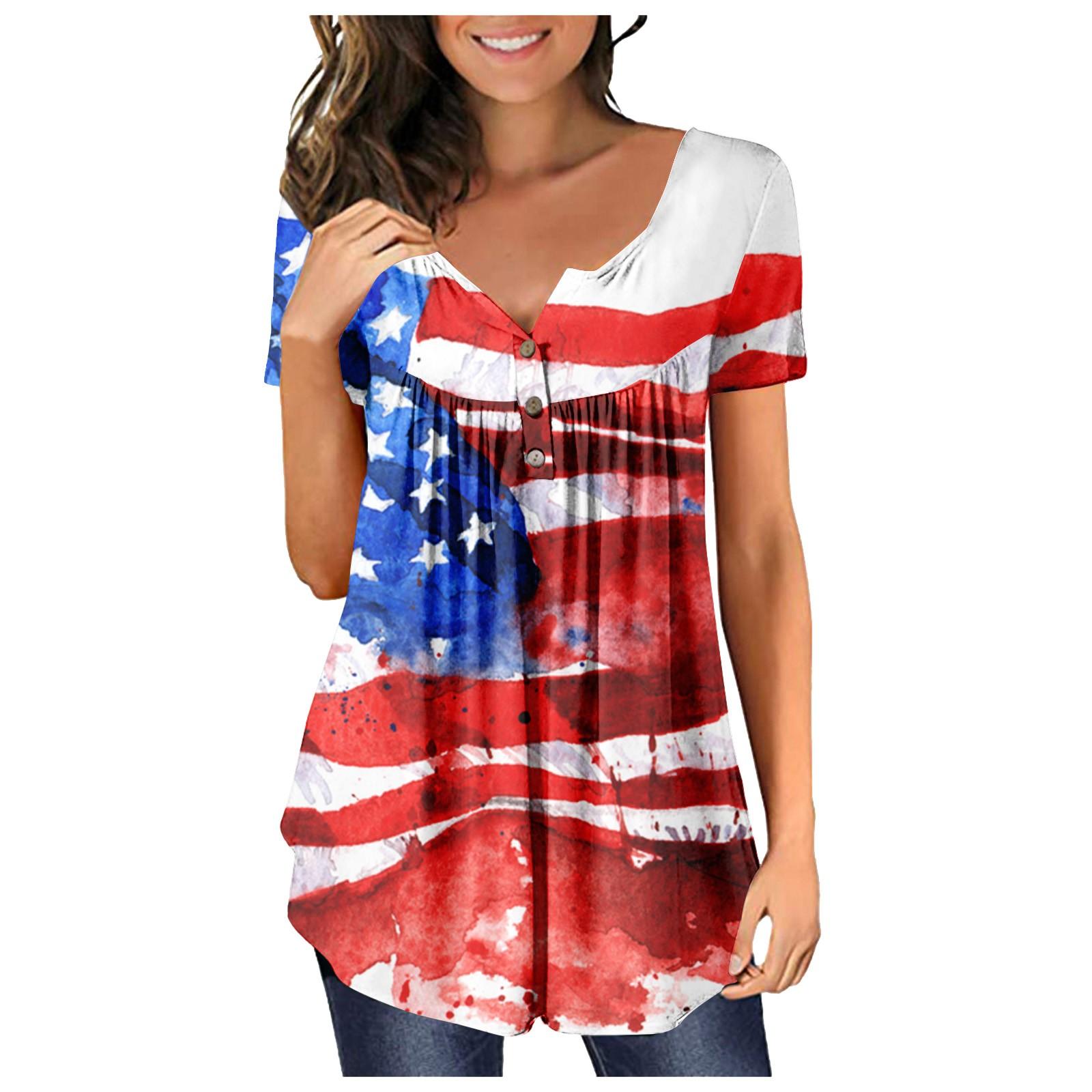 

Women s Summer V-neck Short Sleeve T-shirt Independence Day Print Top M винний