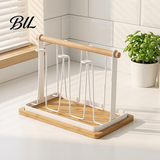 Space-saving Cup Rack Iron Drying with Wood Handle & Drip Tray Baby Bottle Hygienic Dryer Holder Space-Saving Countertop Organizer for Mugs