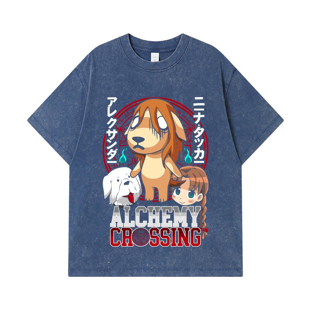 

275 GSM Washed T-shirts 100% Cotton Fullmetal Alchemist V5 Alchemy Crossing Print Unisex Heavy Cotton T Shirt 2XL королівський синій колір