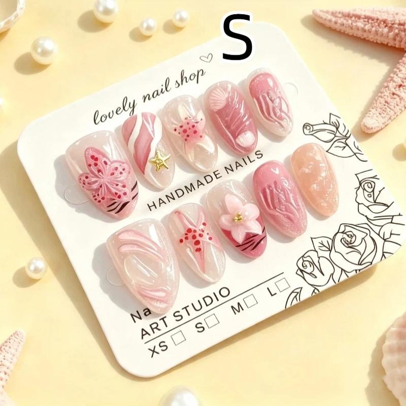 10Pcs Pink Press On Fake Nails 3D Ocean Themed Starfish Shell Design with Strong Glue for Women Girls Daily Use