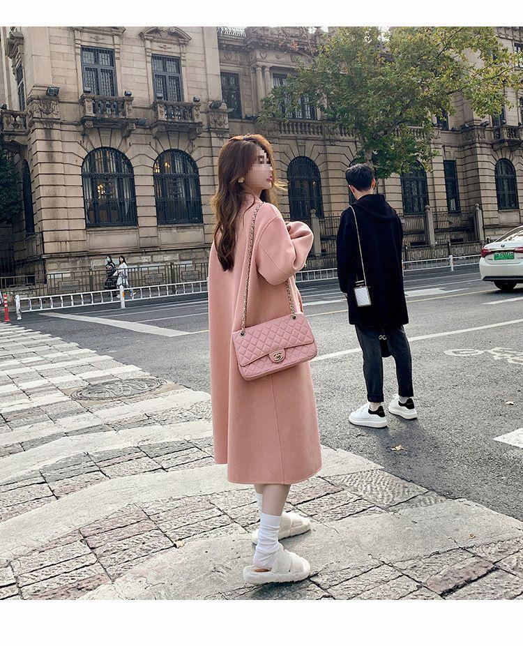 Women's Pink Woolen Coat, 2025 Autumn/Winter Korean Hepburn Style, Loose Mid-Length