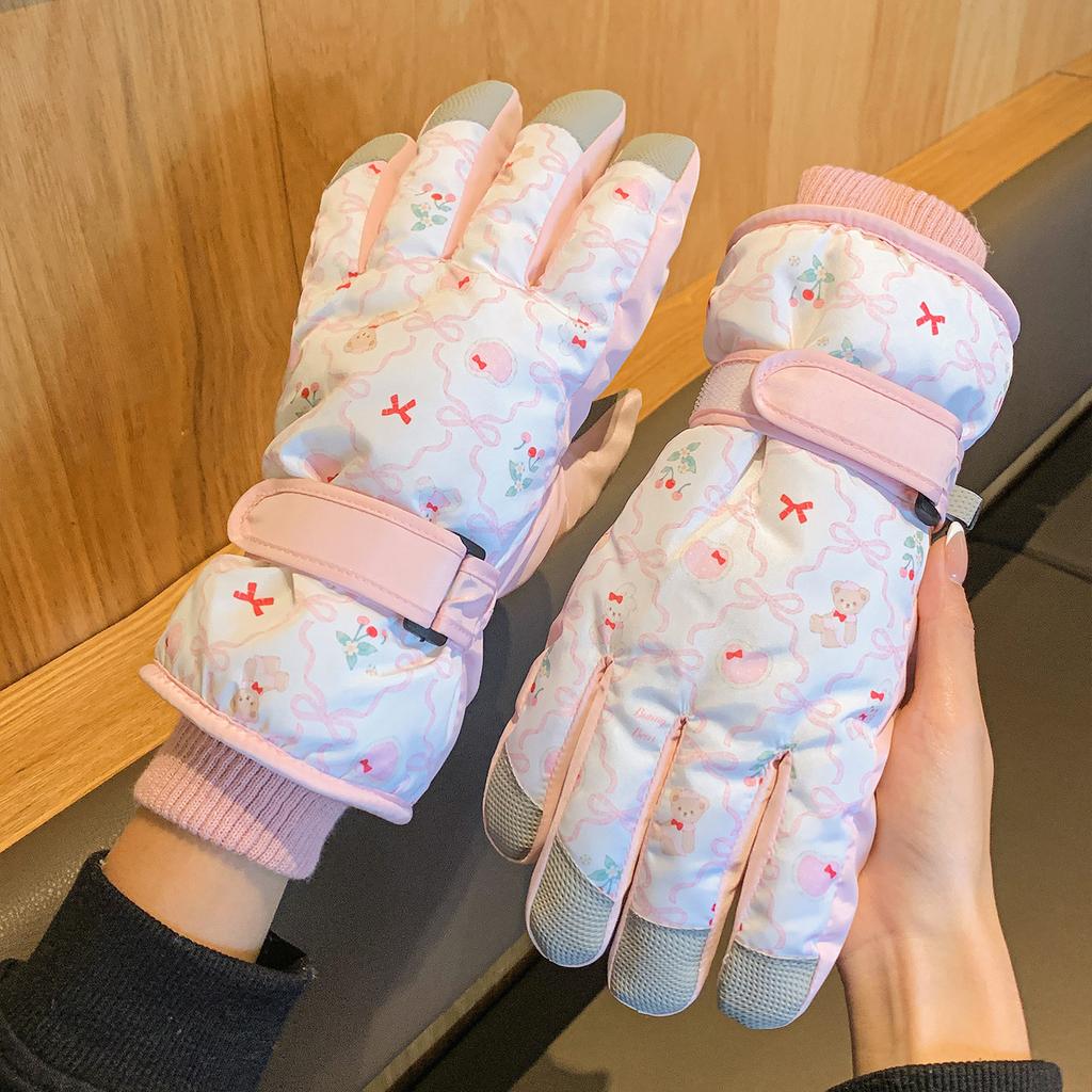 Cute Bear Ski Gloves Female Korean Warm Fleece Thickened Outdoor Cold Wind Gloves