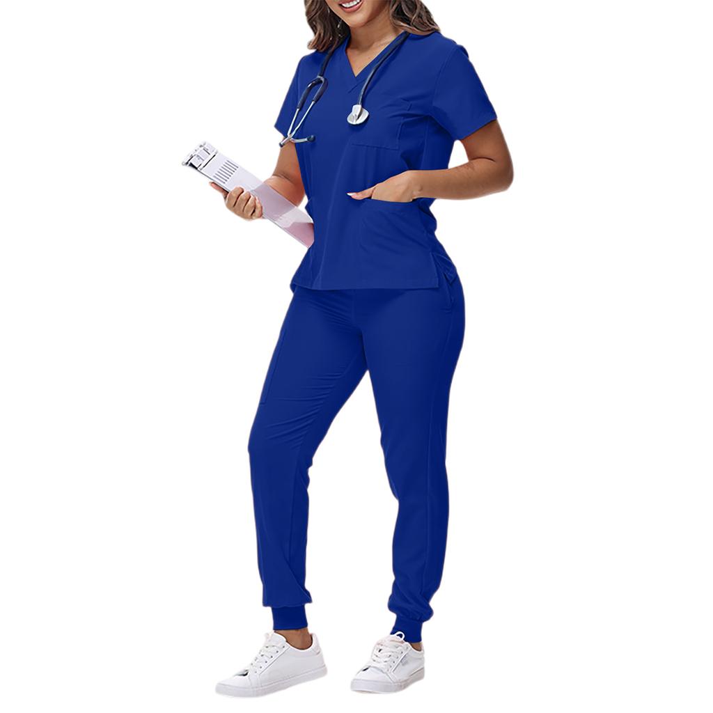 Women's Loose And Comfortable V-neck Short Sleeved Workwear With Tie Up Top And Waist Cinching Beauty Suit Set