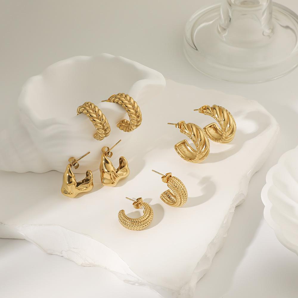 European and American Titanium Steel Non-fading C-Shaped Twisted Rope Textured Women's Earrings