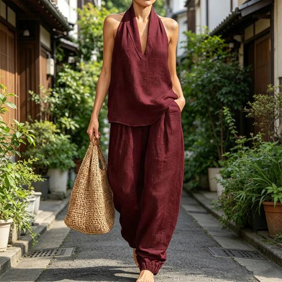 Completi due pezzi in cotone e lino da donna Top senza maniche con scollo a V e incrocio Pantaloni a gamba larga coordinati Outfit estivi per vacanze e relax
