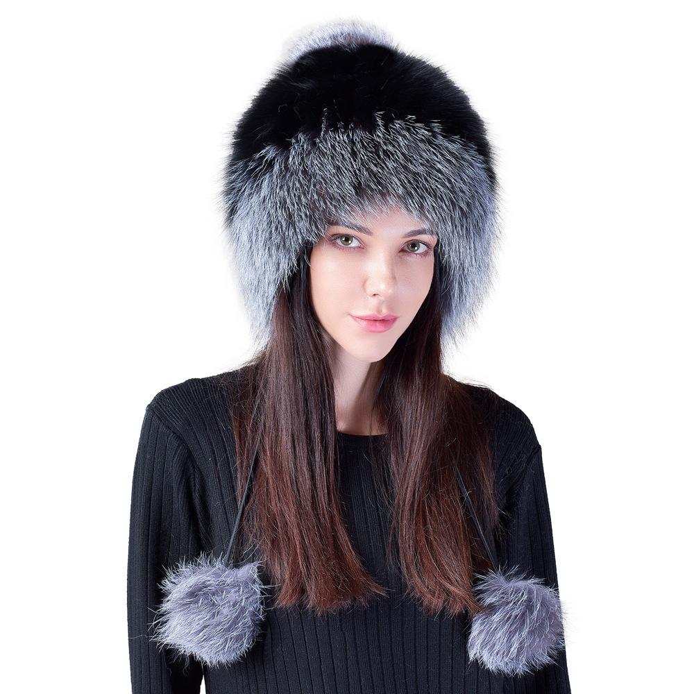Winter hat, female fox fur, leather straw hat, knitted thickened wool hat, sweet and cute, ear protectors to keep warm