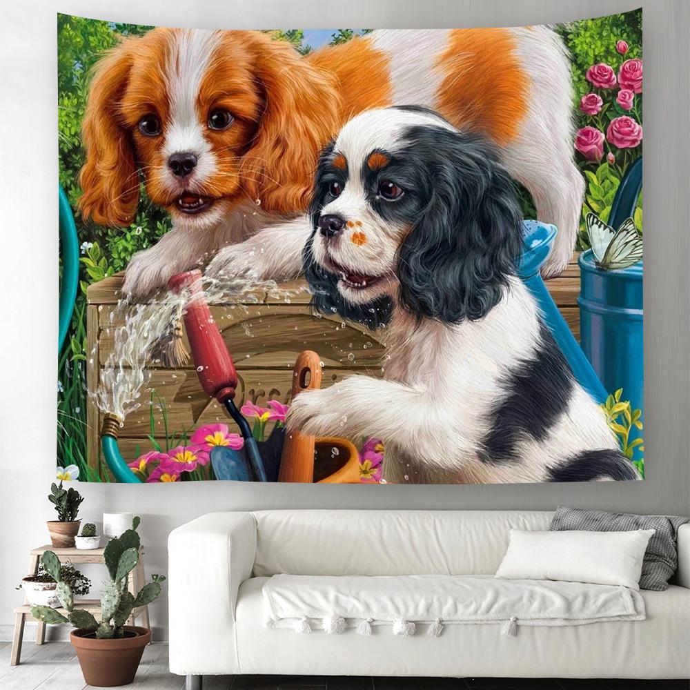 Cartoon Dog Tapestry Kawaii Puppy Wall Hanging Cloth Cute Pet Animal Home Bedroom Living Room Decorative Wall Rug Tapestry