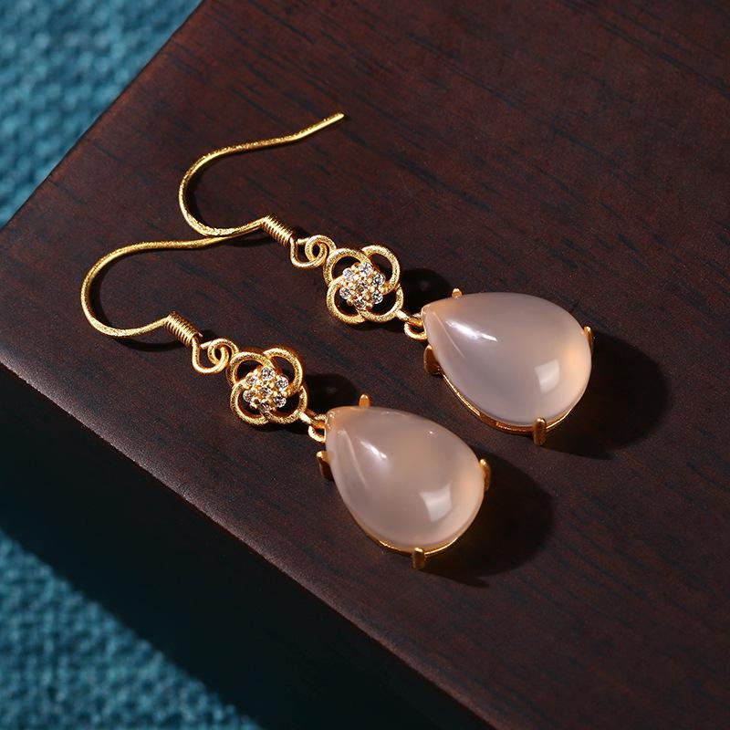 Retro Palace Style Gold-Plated Chalcedony Drop Earrings with 925 Sterling Silver Hooks Gold Plated
