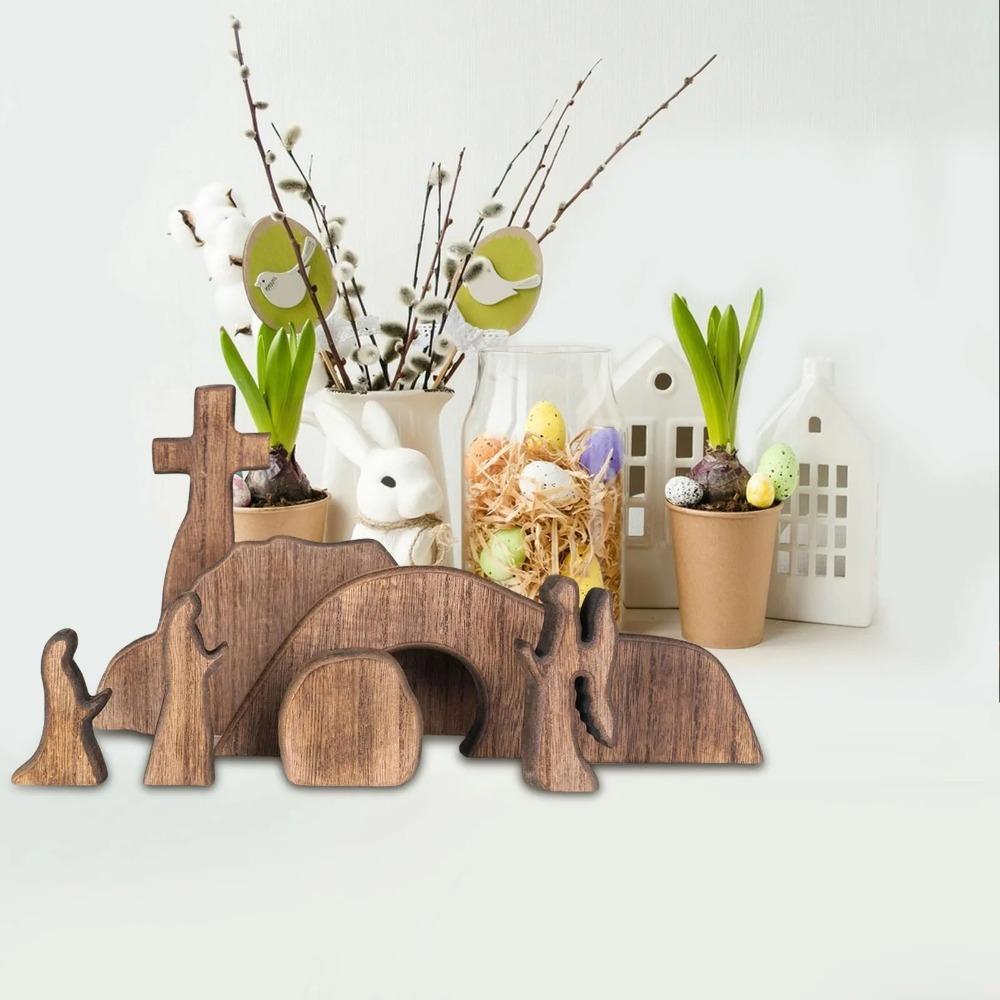 Wooden Empty Tomb Easter Scene Ornament Mini Decorative Easter Resurrection Scene Statue DIY Easter Cross Ornament
