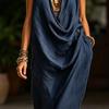 Women's Draped Deep V Neck Dress, Summer Sleeveless Loose Flowy Dress, Casual Travel Vacation Ruched Long Dress