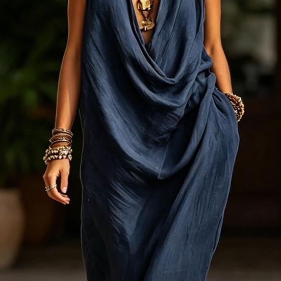 Women's Draped Deep V Neck Dress, Summer Sleeveless Loose Flowy Dress, Casual Travel Vacation Ruched Long Dress