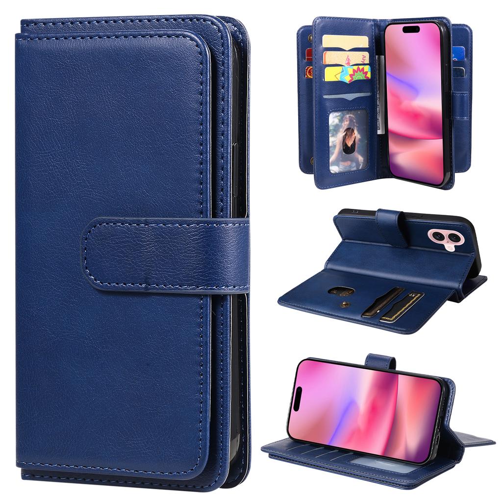 For iPhone 16 Leather Case with 10 Card Holder Phone Cover Stand