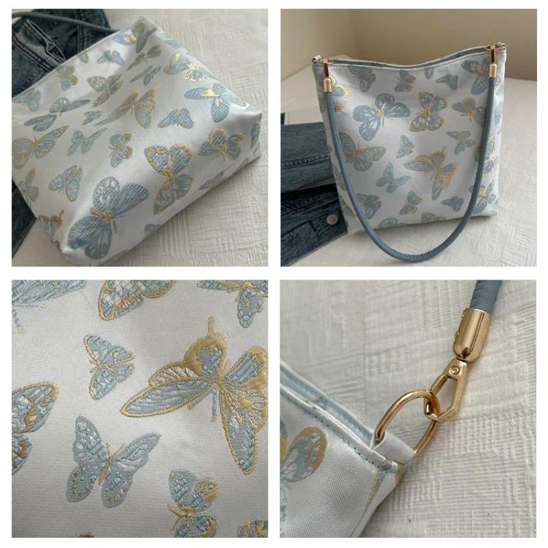 Retro Butterfly Women's Clutch Purse Handbags Embroidery Female Shoulder Bags Bamboo Leaf Pattern Ladies Underarm Bucket Bag