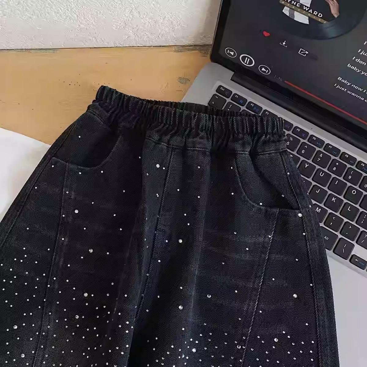 Boys Black Rhinestone Denim Pants Straight Leg Casual Trousers for Toddlers 80
