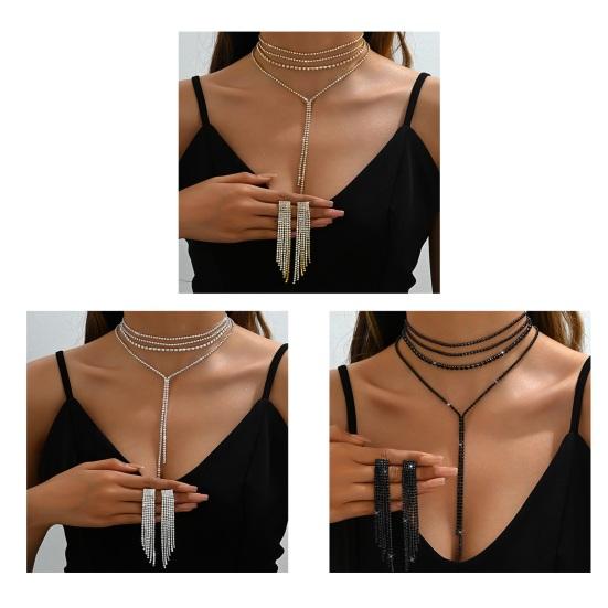 2 Pcs/Set Women Necklace Earrings Set for Formal Banquet And Prom Multi-layered Tassel Rhinestone Adjustable Chain Wedding Bride Star Jewelry Set