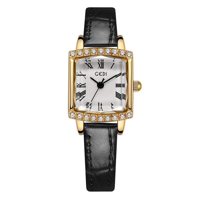 Light Luxury Temperament Niche Leather Women'S Watch Retro Square Diamond-Encrusted Student Watch High Value Small Sugar Cube Watch