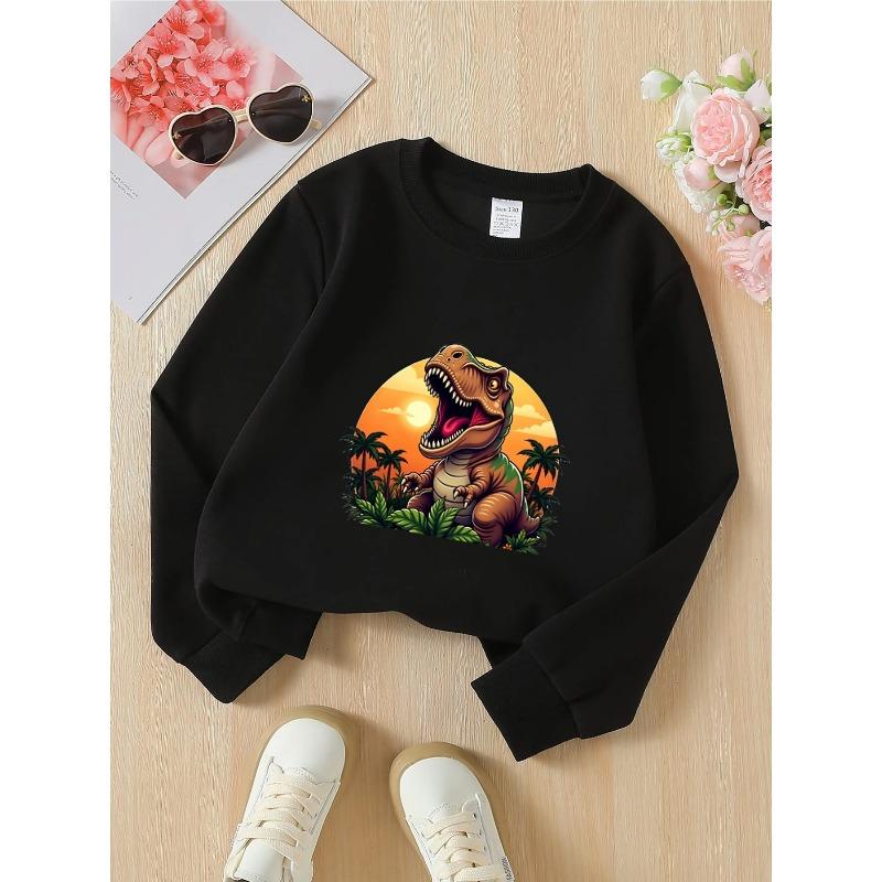 Unisex Crewneck Sweatshirt - Dinosaur Sunset Palm Jungle Cartoon Machine Washable, Spring And Autumn, Sportswear And Casual Wear, Soft And Comfortable