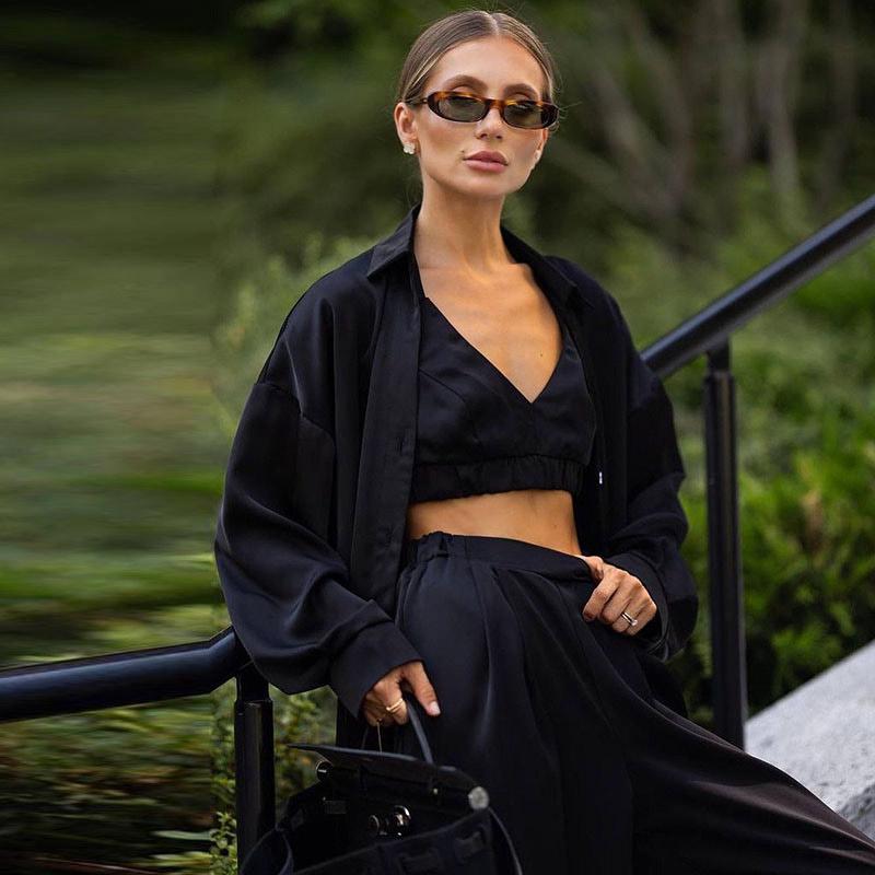 Elegant Silk Shirt Bra Pants Sets 3 Pieces Women Casual Single Breasted Lapel Loose Shirts Corset Straight Trousers Suits Female