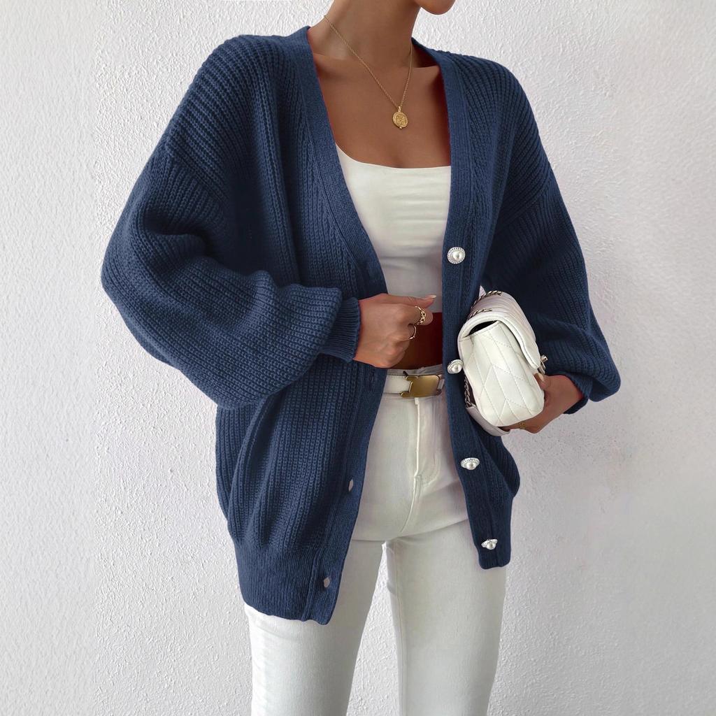 Cross-border Europe, America, Amazon women's clothing is popular, solid color loose large size knitted cardigan, comfortable single-row pearl buckle j