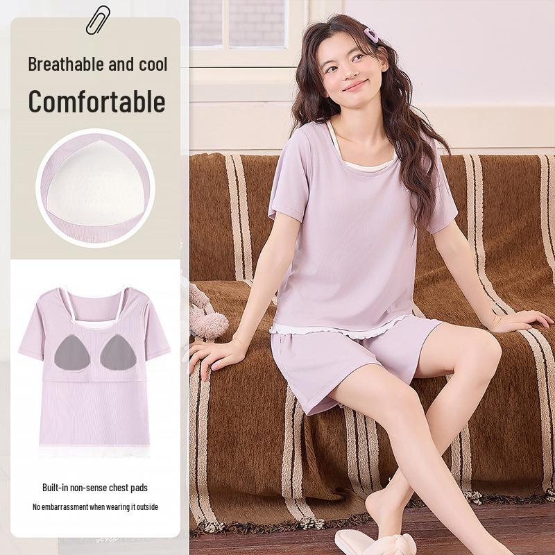 Ice Silk Ribbed Women's Sleepwear Set with Chest Pads – Short Sleeve & Shorts, Casual Wear, Indoor/Outdoor Comfort