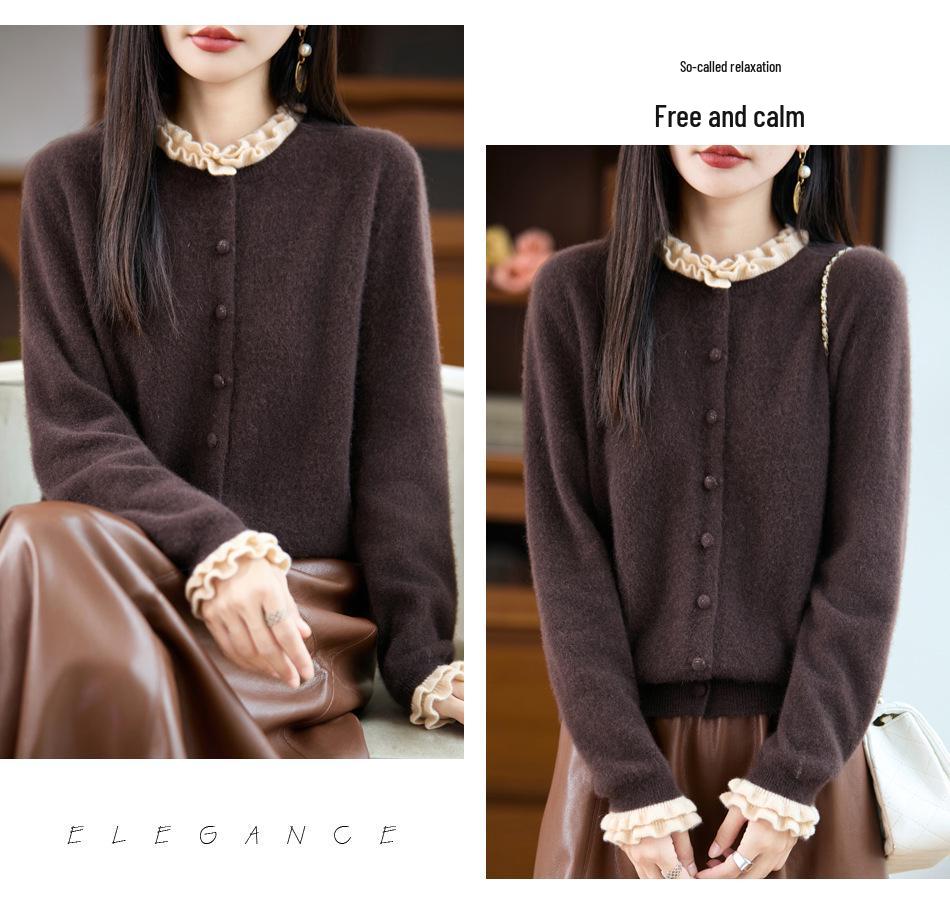 Trendy Women's 100% Wool Knit Cardigan - Thickened Lace-Trimmed Jacket for Autumn/Winter